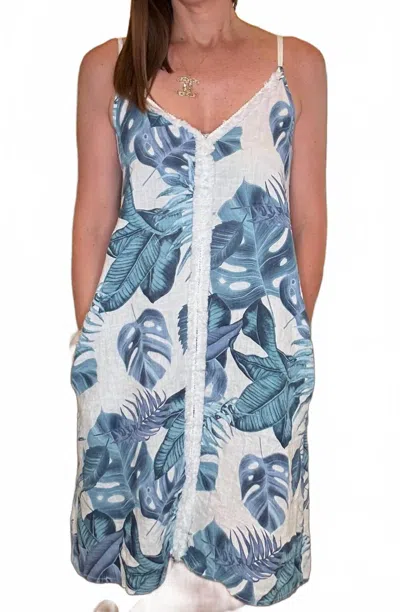 Look Mode Usa Spaghetti Strap Leaf Dress In White/green In Multi