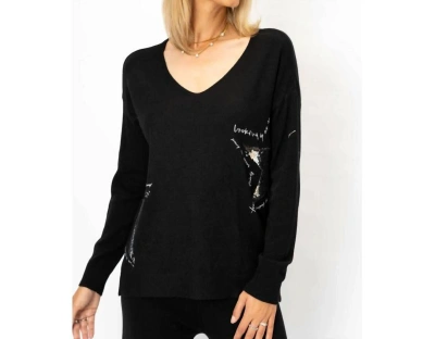 Look Mode Usa Sweater With Silver Sequin Stars In Black