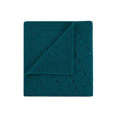 Loom & Cove Green 100% Cashmere Cable Knit Baby Blanket - Teal Blue