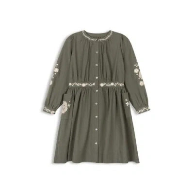 Looms Knits Kids'  Looms Floral Embroidered Waisted Cotton Dress In Green