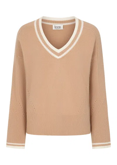 Loop Cashmere Women's Neutrals Striped Tipped V Neck Lofty Sweater In Honey