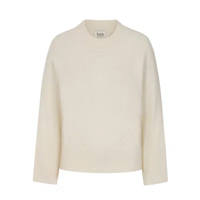 Loop Cashmere Women's White Ribbed Detail Lofty Crew Sweatshirt In Chalk In Animal Print