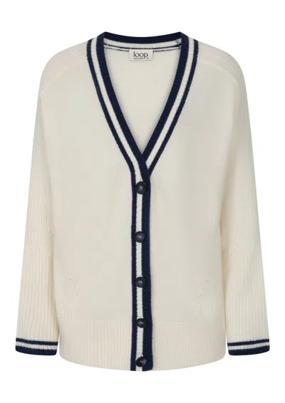 Loop Cashmere Women's Striped Tipped V Neck Lofty Cardigan In Snow White