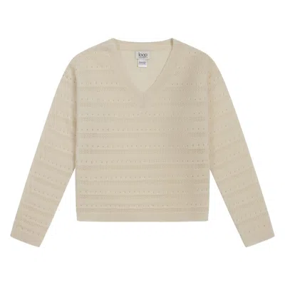 Loop Cashmere Women's White Pointelle Cashmere V Neck Sweater In Chalk