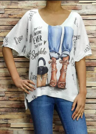 Loowie Fashion Knit Printed Short Sleeve Sweater In White In Multi