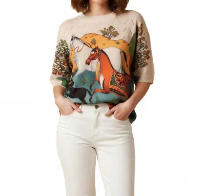Loowie Running Horses Print Knit Top In Beige In Neutral