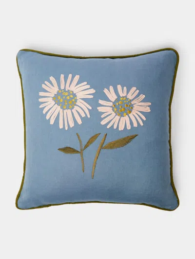 Lora Avedian Aster Hand-embroidered Linen Cushion  Abask Luxury Gift In Blue