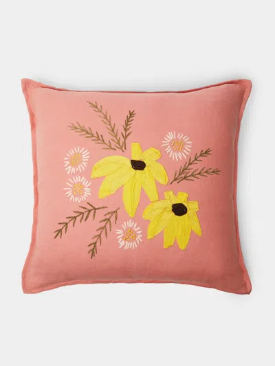 Lora Avedian Bunch Of Flowers Hand-embroidered Linen Cushion  Abask Luxury Gift In Pink