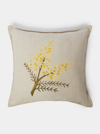 Lora Avedian Mimosa Hand-embroidered Linen Cushion  Abask Luxury Gift In Neutral