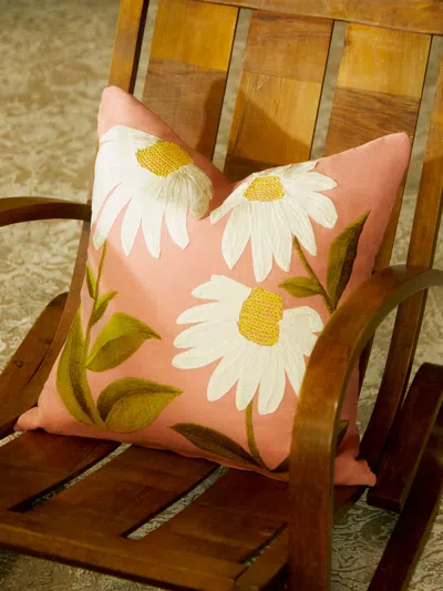 Lora Avedian Ode To Echinacea Hand-embroidered Linen Cushion  Abask Luxury Gift In Pink