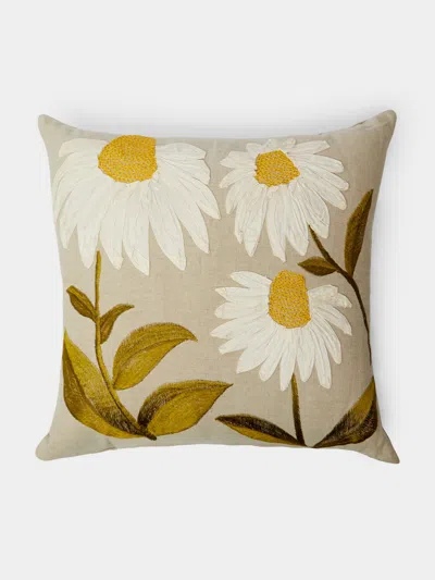 Lora Avedian Ode To Echinacea Hand-embroidered Linen Cushion (19.5in/50cm) In Brown