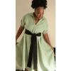 LORA GENE AJA'S LINEN DRESS WITH BELT IN MINT GREEN/BLACK BY