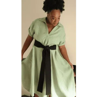 Lora Gene Aja's Linen Dress With Belt In Mint Green/black By