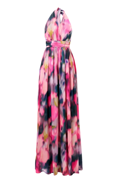 Lora Istanbul Diana Satin Multi Color Draped Maxi Dress