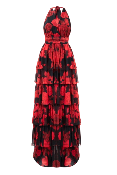 Lora Istanbul Lola Red Floral Ruffled Maxi Dress
