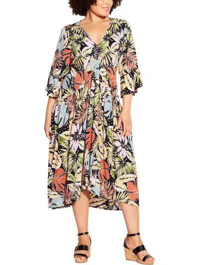 Loralette Plus Valencia Womens Daytime Floral Print Midi Dress In Multi