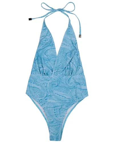 Lords Of Harlech Blue Xena Crochet Paisley Teal Womens Halter One-piece Swimsuit