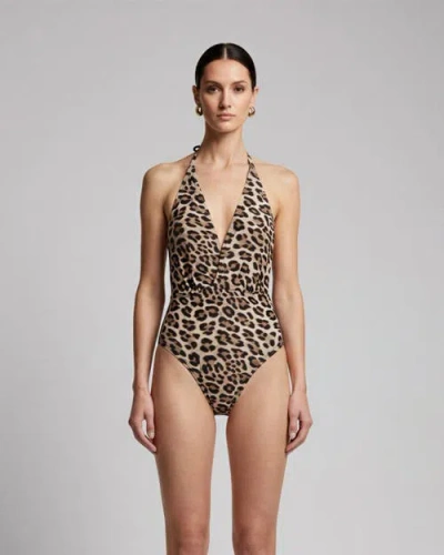 Lords Of Harlech Leopard Brown Womens Halter One-piece Swimsuit In Blue