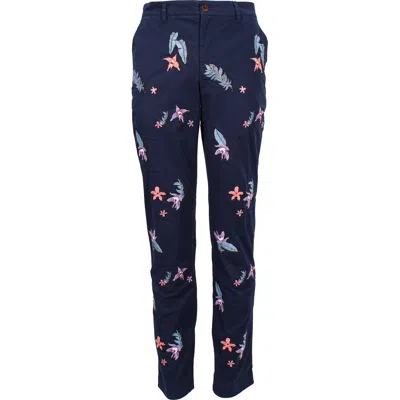 Lords Of Harlech Men's Blue Charles Flower Embroidery Pant - Navy