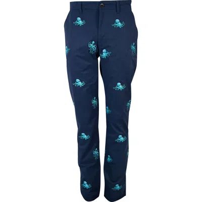 Lords Of Harlech Men's Blue Charles Octopus Embroidery Pants - Navy