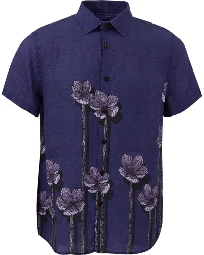 Lords Of Harlech Men's Blue Landon Crafty Floral Linen Shirt - Navy