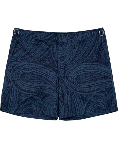 Lords Of Harlech Men's Blue Neptune Wild Paisley Oxford Tailored Swim Short - Navy