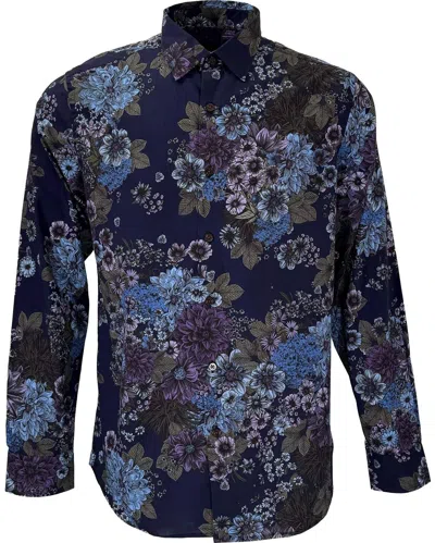 Lords Of Harlech Men's Blue Nicoli Marco Floral Cotton Shirt - Navy