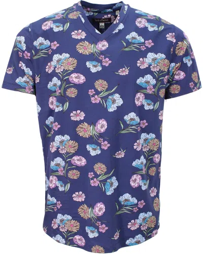 Lords Of Harlech Maze Spaced Floral V-neck Tee In Blue/pink/purple