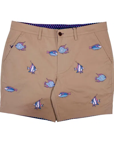 Lords Of Harlech Men's Neutrals / Blue / Pink Edward Fish Embroidery Shorts - Sand In Blue/pink