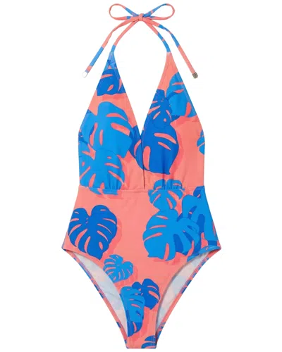 Lords Of Harlech Pink Xena Monstera Floral Coral Womens Halter One-piece Swimsuit In Brown
