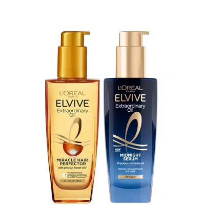 L'oréal Paris Elvive Extraordinary Oil Nourished Hair Treatment Day And Night Routine Set For Dry Hair In Multi