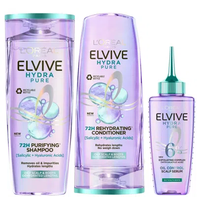 L'oréal Paris Elvive Hydra Pure Scalp Serum, Shampoo And Conditioner Set For Oily Roots And Dehydrated Lengths In White