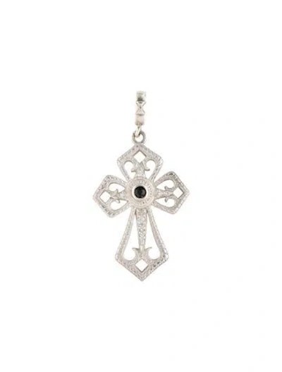 Pre-owned Loree Rodkin Cubic Zirconia & Black Stone Etched Cathedral Cross Pendant, 2.25" In Multicolor