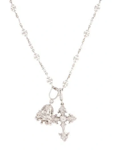 Pre-owned Loree Rodkin Cubic Zirconia Bell & Cross Pendant Necklace, 17" In Multicolor