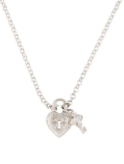 Pre-owned Loree Rodkin Cubic Zirconia Heart Lock & Key Pendant Necklace, 16" In Transparent