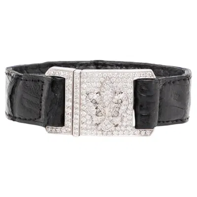 Pre-owned Loree Rodkin Fleur-de-lis Pav� Buckle Leather Bracelet In Multiple