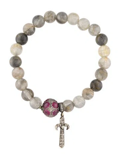 Pre-owned Loree Rodkin Glass-filled Ruby, Quartz & Diamond Dagger Bead Bracelet, 6.5" In Multi