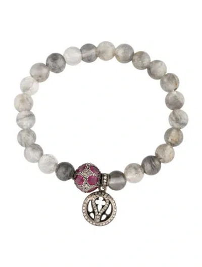 Pre-owned Loree Rodkin Glass-filled Ruby, Quartz & Diamond Motif Bead Bracelet, 6.5" In Multi