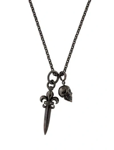 Pre-owned Loree Rodkin Onyx & Diamond Skull & Dagger Pendant Necklace, 18.75" In Multi