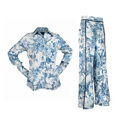 Loreen Label Blue / White Cāva Botanical Garden - Premium Cotton Satin Set Shirt & Pants