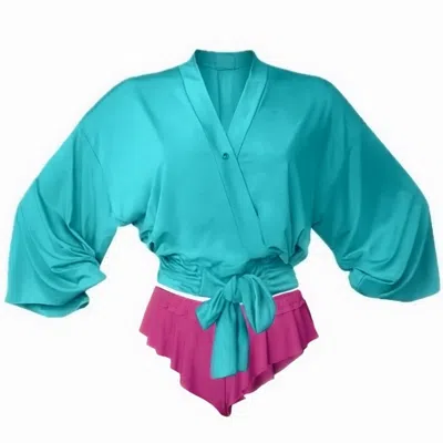 Loreen Label Women's Blue / Pink Bamboo Wrap Top & Cute Wavy Shorts  - Aquamarine X Baby Doll In Multi