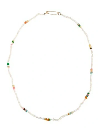 Pre-owned Loren Stewart 14k Opal & Pearl Bead Necklace, 16" In Multicolor