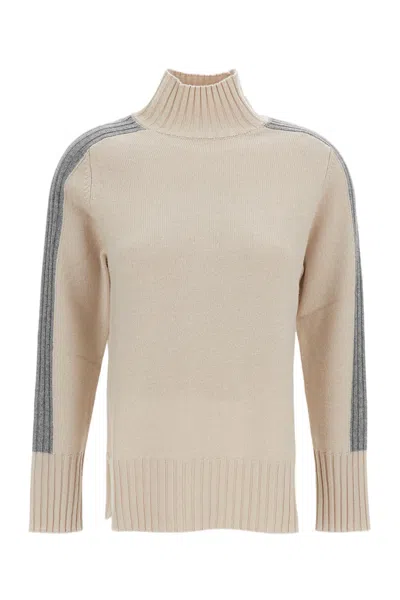 Lorena Antoniazzi Beige Mock Neck Sweater With Contrasting Grey Stripes In Neutral