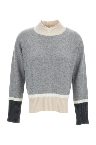 Lorena Antoniazzi Cropped Grey Sweater With Beige Ribbed Trims In Multi