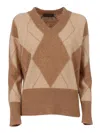 Lorena Antoniazzi V-neck Diamond-pattern Sweater In Brown