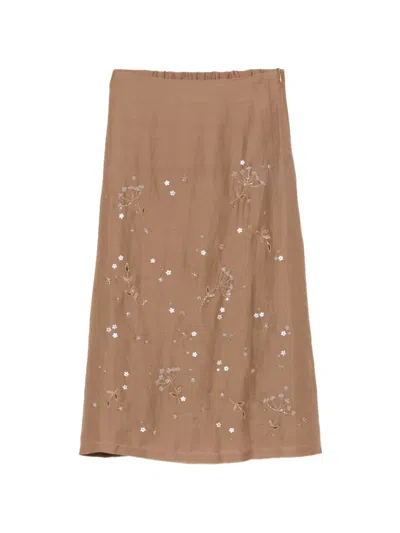 Lorena Antoniazzi Sequin-embellished Floral-embroidered Midi Skirt In Brown