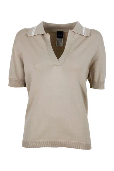 Lorena Antoniazzi Short-sleeved Polo T-shirt In Cotton And Cashmere In Beige