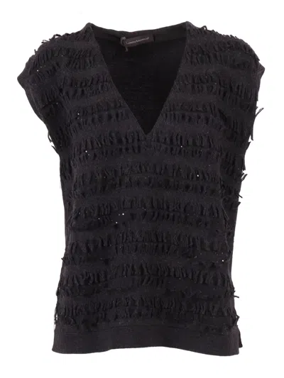 Lorena Antoniazzi Textured Black Knit Vest With Deep V-neck Design