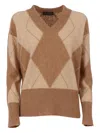 Lorena Antoniazzi V-neck Diamond-pattern Sweater In Brown