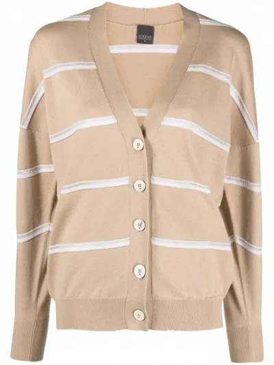 Lorena Antoniazzi Women's Stripe Long-sleeve Cardigan In Beige/grey Stripe In Brown
